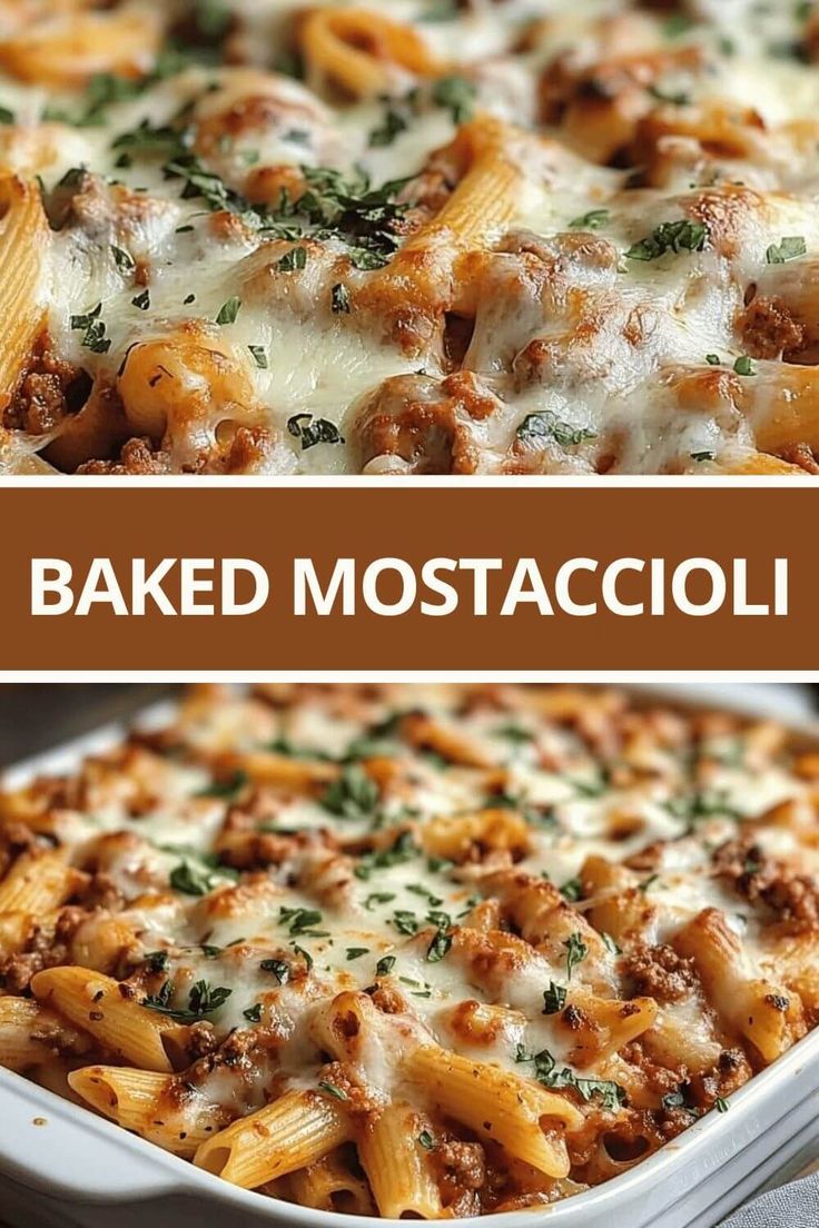 baked pasta with meat and cheese in a casserole dish, before and after baking