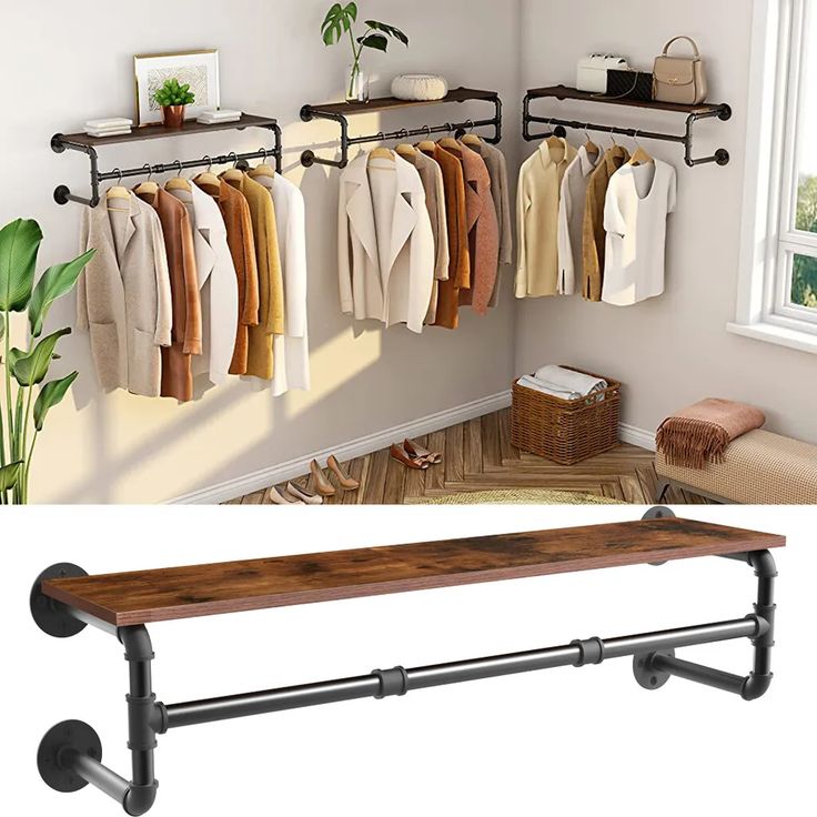 a rack with clothes hanging on it next to a wall mounted coat rack in a room