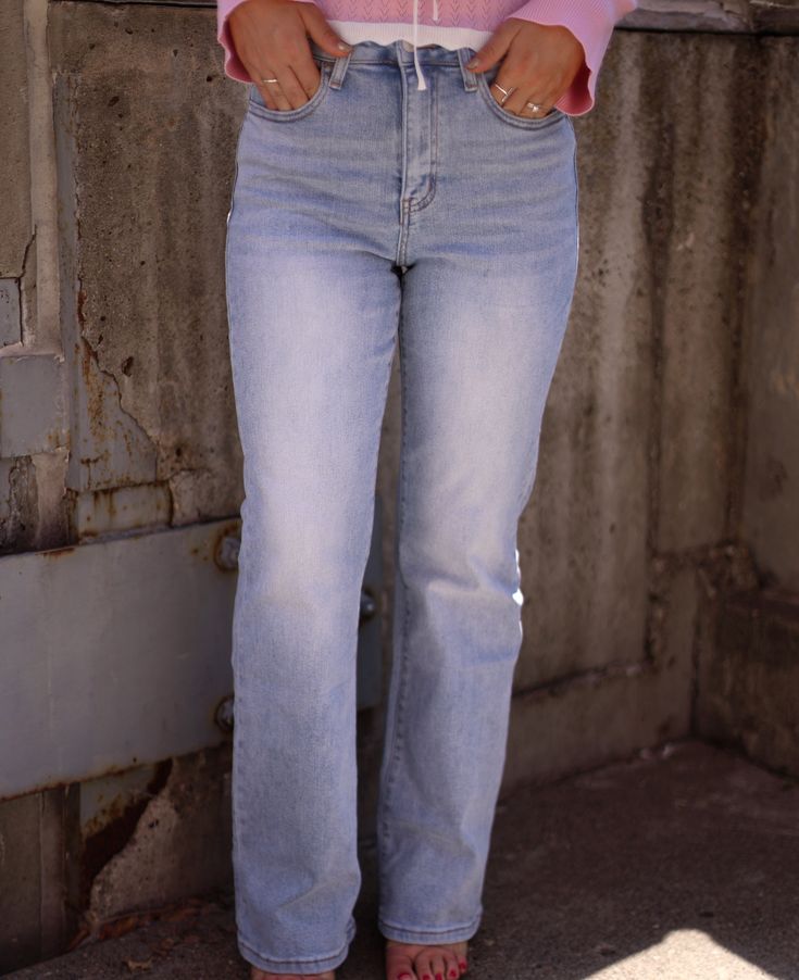 Introducing our Jules High Rise Vintage Flare Denim, the perfect addition to your spring and summer wardrobe. Made with a soft and ultra stretchy fabric, these jeans offer comfort and style in a classic high waisted, straight leg fit. A staple, versatile piece for any occasion - dress them up or down for a casual yet sophisticated look. Self 94.2% Cotton 4.7% Polyester 1.1% Spandex Machine wash cold. Stretch Cropped Leg Denim Flare Jeans, Stretch Denim Cropped Flare Jeans, Stretch Cropped Leg Flare Jeans, Medium Wash Straight Leg Cropped Jeans For Spring, Chic Medium Wash Straight Leg Jeans, High Rise Straight Fit Flare Jeans In Medium Wash, Chic Straight Leg Medium Wash Jeans, Mid-rise Relaxed Fit Jeans, Trendy Straight Bottoms With Frayed Hem