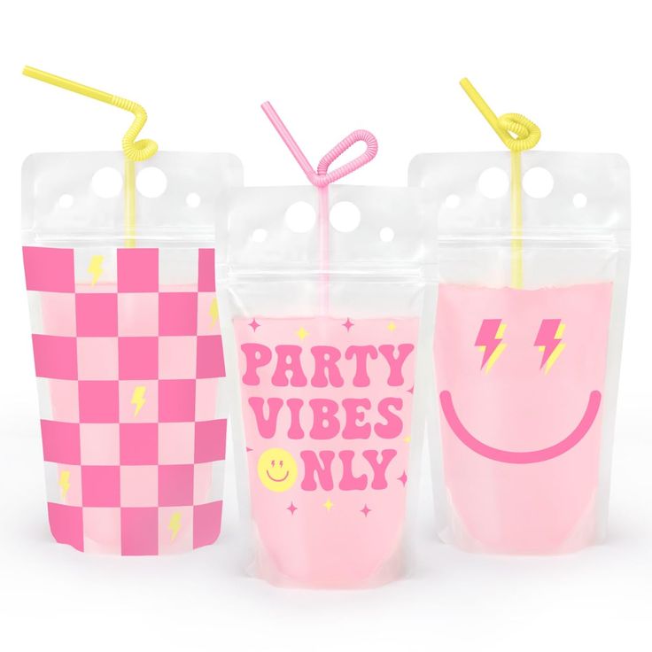 three plastic cups with straws in them