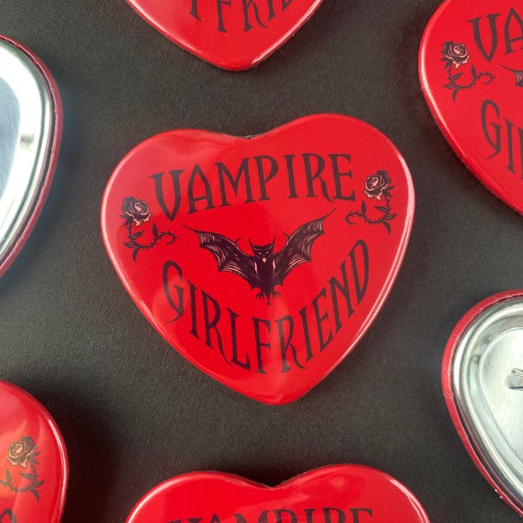 Does your partner have nocturnal tendencies and extremely specific *drinking* habits? They may be suffering from vampirism! Show your sanguine-slurping partner that you still love them unconditionally with this Vampire Girlfriend & Boyfriend button! Or show the world you and your partner make the perfect blood-sucking match with matching vampiric buttons.  Each button is 52x57mm in size. (approx. 2.5 in) Every button is hand pressed with love ❤ PLEASE NOTE: Heart-shaped buttons are NOT waterproof. There is a small opening at the top of the heart which leaves buttons vulnerable to water damage. This is standard for all buttons of this type. Gothic Birthday Gifts, Stuff For Girlfriend, Matching Couple Stuff, Button Aesthetic, Vampire Girlfriend, Boyfriend Matching, Matching Things, Button Ideas, Aesthetic Accessories