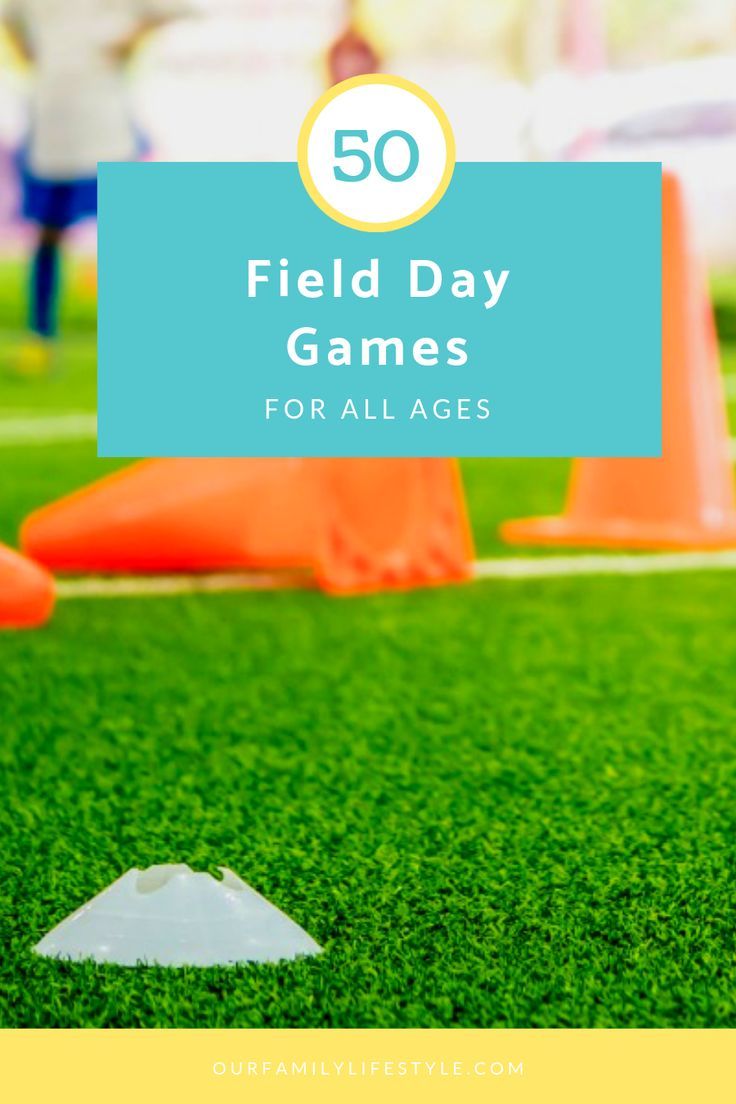 a field with orange cones and people in the background text reads 50 field day games for all ages