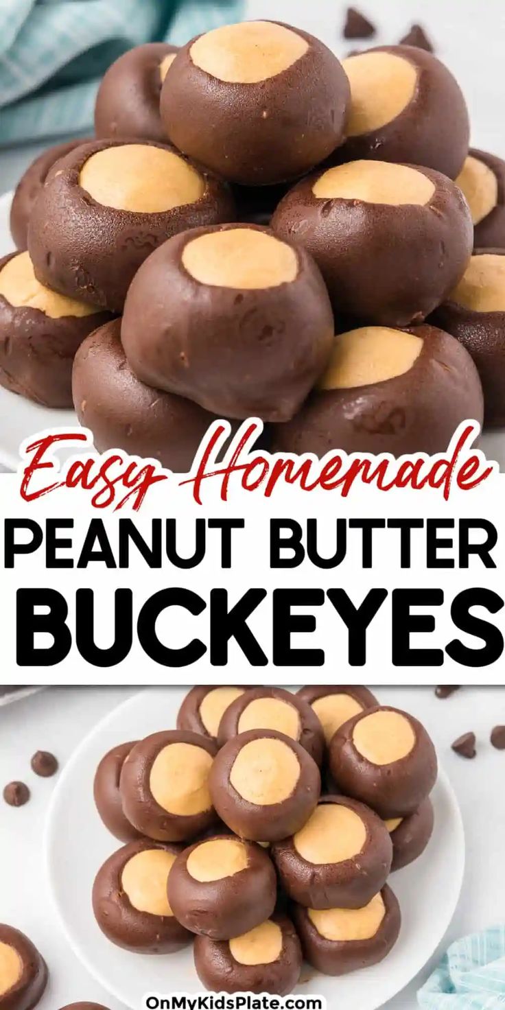 easy homemade peanut butter buckeyes on a white plate