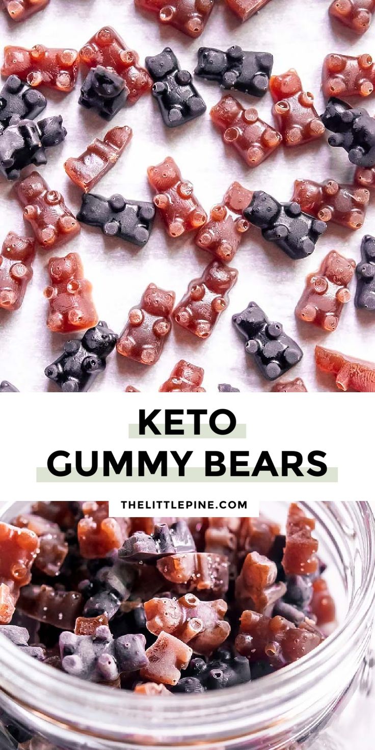 keto gummy bears in a glass jar with text overlay that reads keto gummy bears