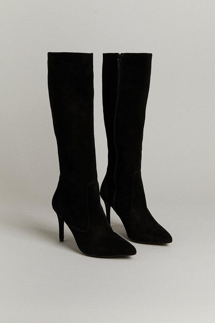 Blending The Tasteful With The Timeless, These Soft Suede Boots Lengthen Legs Thanks To Their Knee-High Silhouette And Mid-Height Spike Heels.. Textured Panels And Almond Toes Bring An Added Dash Of Sophistication. Elegant Mid-calf Heeled Boots For Winter, Elegant Knee-length Heeled Boots For Fall, Wide Calf Suede Knee-high Boots, Fitted Suede Knee-high Boots With Suede Lining, Fitted Knee-high Suede Boots With Suede Lining, Classic Fitted Suede Knee-high Boots, Elegant Wide Calf Knee-length Heeled Boots, Elegant Knee-high Boots For Winter, Elegant Winter Mid-calf Boots