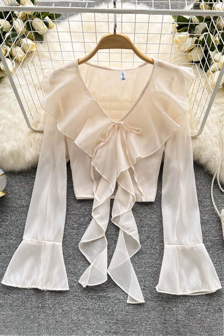 Thickness: MidweightDecoration: RUFFLESSleeve Length(cm): FullCollar: V-NeckDress Patterns: PulloverMaterial: microfiber,Polyester,Acrylic,SpandexPattern Type: SolidElasticity: High Strecth Size (cm): Length Bust Sleeve M 44 94 65 L 45 98 66 Summer Chiffon Blouse, Flare Long Sleeve, Transparent Fashion, Chiffon Fashion, Ruffle Shirt, Chiffon Ruffle, Slim Dresses, Chiffon Shirt, Chiffon Blouse