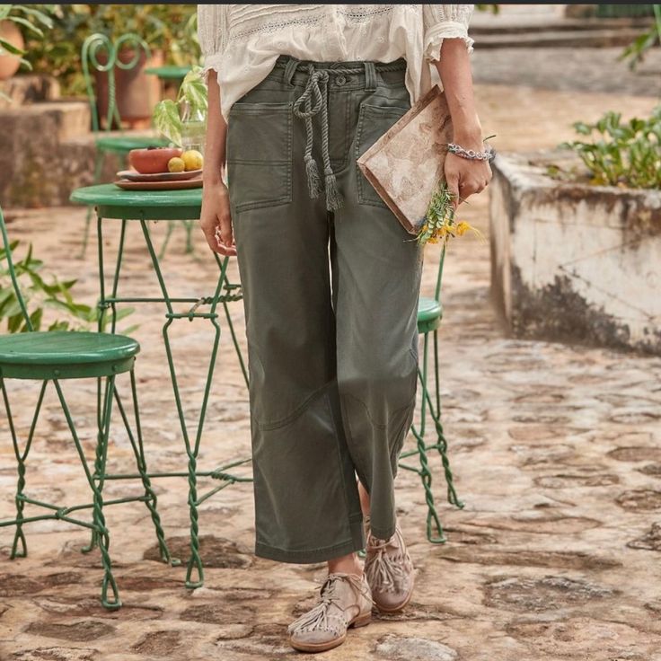 Brand New, Never Worn. They Are A Perfect Neutral Olive Or Army Green Color. The Fabric Is 98% Cotton, 2% Spandex And Great For Wearing In Spring, Summer Or Fall. They Are A Utility Pant Style With The Front Pockets. They Are A Size 10.Hits At The Ankle 24" Inseam. Comes With A Cotton Rope Belt For A Casual Put Together Look. Olive Spring Trousers, Spring Olive Trousers, Olive High-waisted Pants For Spring, Chic Olive Straight Leg Bottoms, Casual Olive Wide Leg Pants With Pockets, Casual Olive Pants For Spring, Chic Olive Bottoms For Spring, Chic Olive Pants For Spring, Olive Wide-leg Pants For Spring