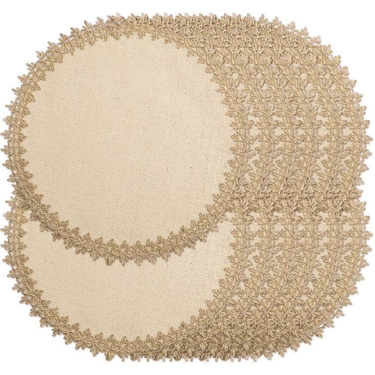 two round rugs with different designs on them, one in beige and the other in cream