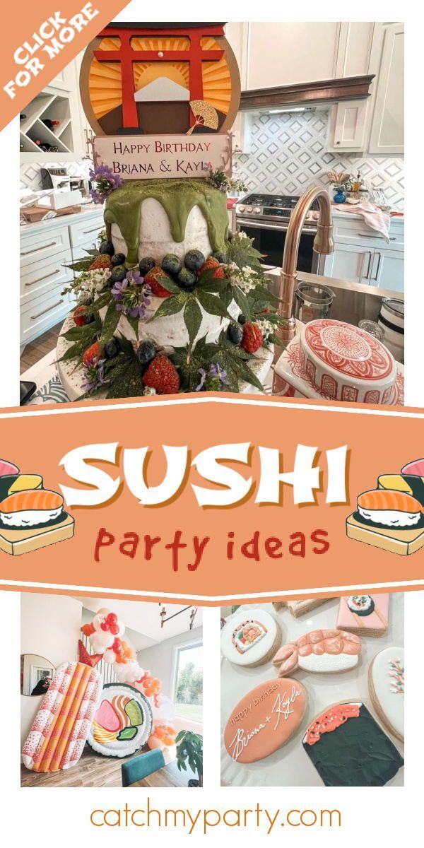 sushi party ideas with pictures of sushi dishes and sushi platters on the counter