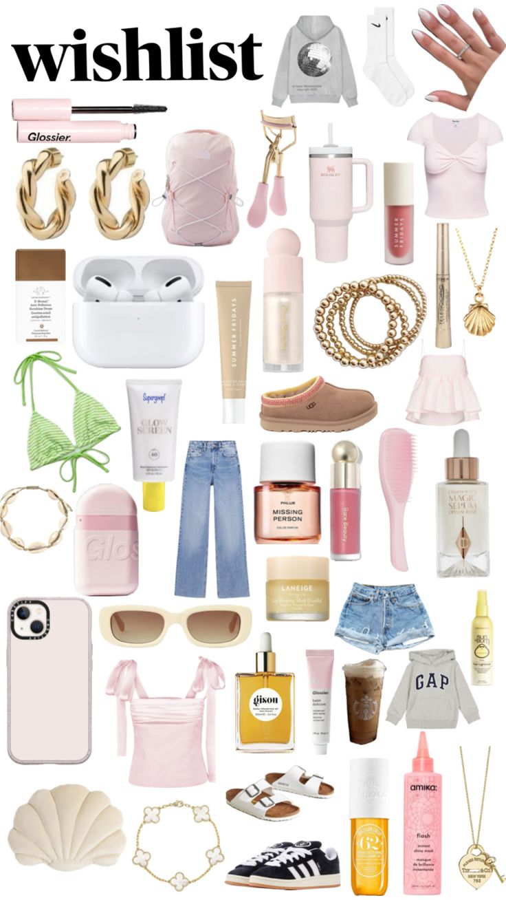 a collage of different items that include shoes, perfumes and other things to wear