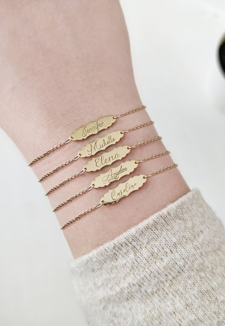 14K 9K Personalized Engraved Name Bar Bracelet, Vintage Bar Bracelet, Dainty solid gold chain bracelet, Custom Name Bracelet, Pesonalized Jewelry, Unique Gift, BFF Gift, Gift for her, FREE EXPRESS SHIPPING Dainty solid/real gold bracelet with a unique vintage/baroque inspired bar engraved with your name! A personal and beautiful gift for every occasion! ------------------------------------------- D E T A I L S 14K Solid Gold or 9K Solid Gold Bar Dimensions: 22mmx6.3mm / approx. 0.87''x 0.25'' En Elegant Personalized Charm Bracelet With Nameplate, Elegant Nameplate Charm Bracelet For Gift, Elegant Nameplate Charm Bracelet Gift, Dainty 14k Gold Engraved Bracelet, Elegant Personalized Nameplate Charm Bracelet, Elegant Nameplate Charm Bracelet For Personalized Gift, Dainty Engraved Nameplate Bracelet, Dainty 14k Gold Engraved Bracelets, Dainty Engraved 14k Gold Name Bracelet