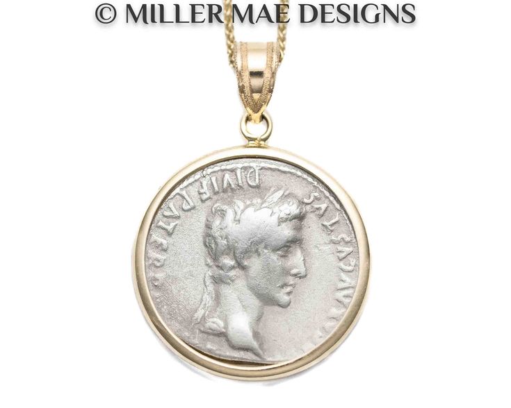 This delicate charm necklace features a genuine Augustus coin from 27 B.C.-14 A.D. set with a 14k gold setting.  AUGUSTUS: The first and one of the most famous, Octavius Augustus was the first emperor of the Roman Empire; which he founded after defeating Cleopatra and Marc Anthony.  He had an extremely long successful and expansive reign of 44 years.   * Fine Augustus Coin - Lugdunum Mint  * Front: Head of Augustus Wearing Laurel Wreath * Back: Gaius & Lucius (grandsons of Augustus) standing, with a hand resting on a round shield, a spear, & a lituus right & simpulum left above them * Pendant Drop: 28.27mm/1.11 inches * Pendant Width: 20.06mm/0.79 inches * Pendant Only or with 14k Wheat Chain 0.8mm Thickness; Adjustable to 16, 17, and 18 inches ** PLEASE NOTE: This is the exact coin you wi Cleopatra And Marc Anthony, Round Shield, Roman Republic, Ancient Roman Coins, Roman Coins, Marc Anthony, Coin Pendant Necklace, Laurel Wreath, Ancient Coins