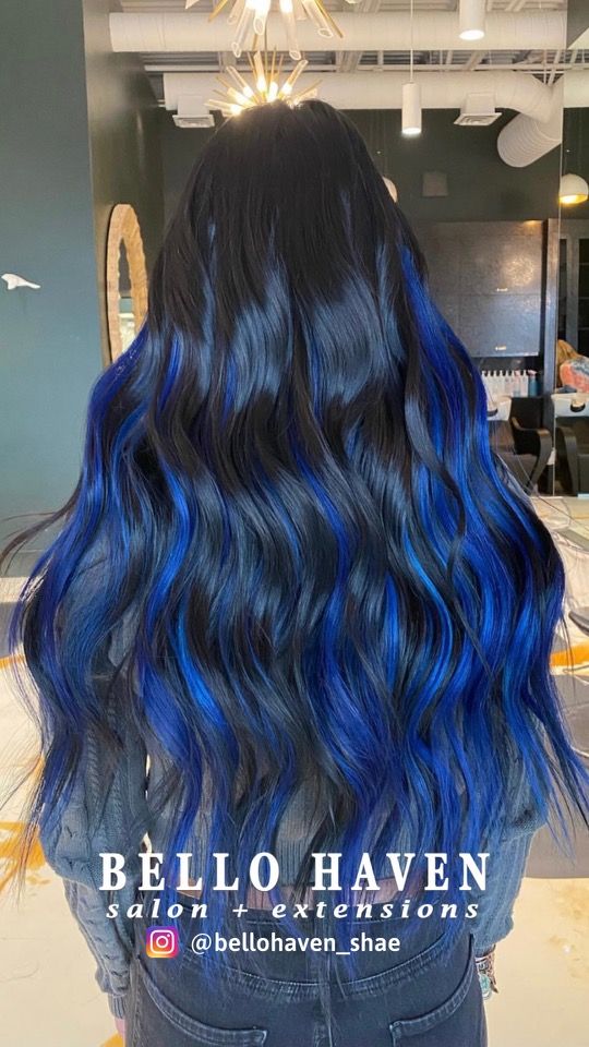 Black Hair Color Extensions, Blue Tape In Hair Extensions, Blue And Black Hair Extensions, Black Hair Blue Extensions, Blue Black Hair Extensions, Black Hair With Blue Extensions, Long Black And Blue Hair, Blue Hair Underneath Black, Black Hair With Blue Highlights Long