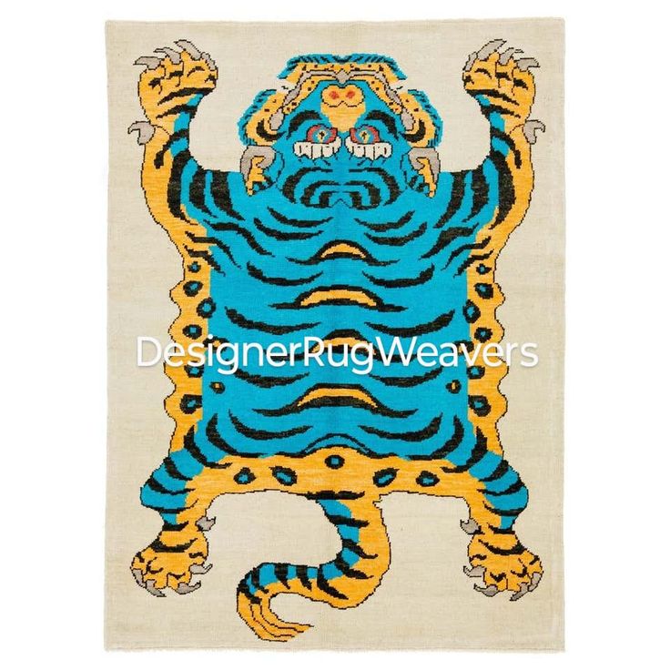 a blue and yellow rug with an image of a tiger on it