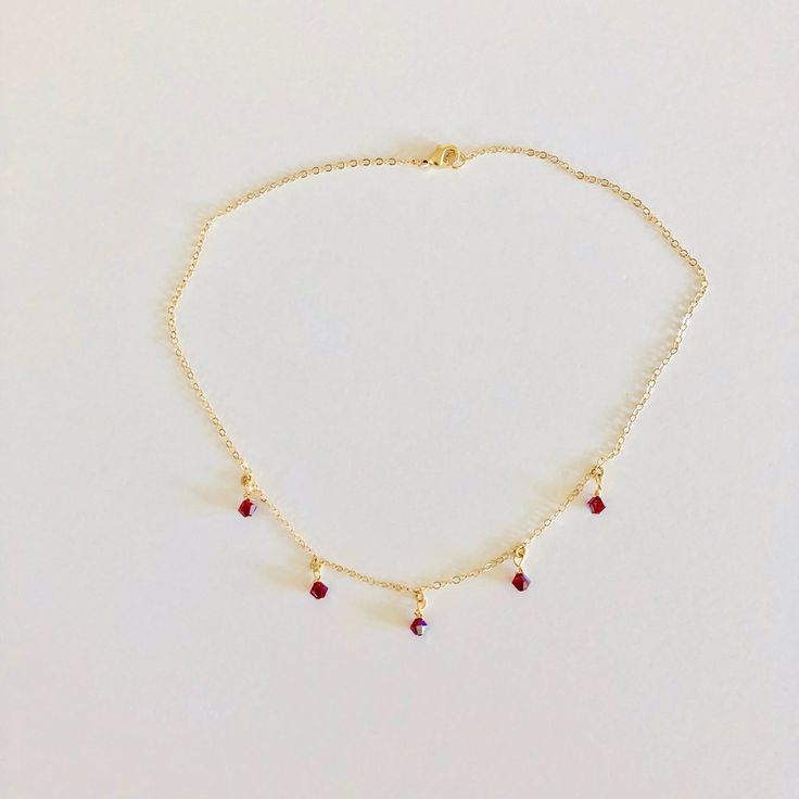 Ruby Red Cristal Necklace Jewelry Promo, Crystal Choker Necklace, Minimal Necklace, Crystal Choker, Chain Extenders, Red Crystals, Birthstone Necklace, Gold Filled Chain, Ruby Red