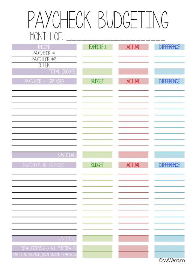 a printable pay check budget sheet with the words,'paycheck budgeting month