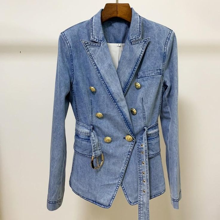 Denim Blazer Buckle Up-Blazers-Pisani Maura-Pisani Maura Denim Blazer Women, Bianca Jagger, Blazer For Women, Best Blazer, Top Street Style, Blazer Women, Denim Belt, Denim Blazer, Double Breasted Jacket