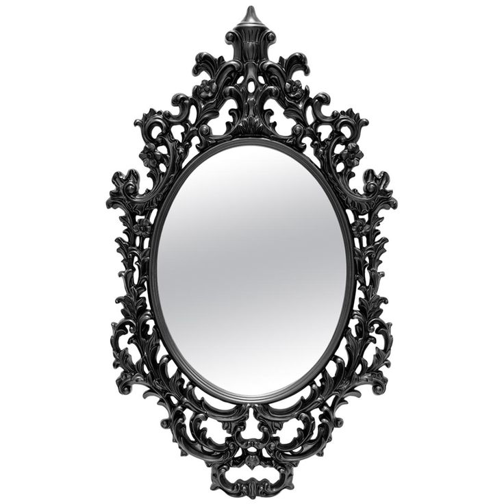 an ornate black mirror is shown against a white background