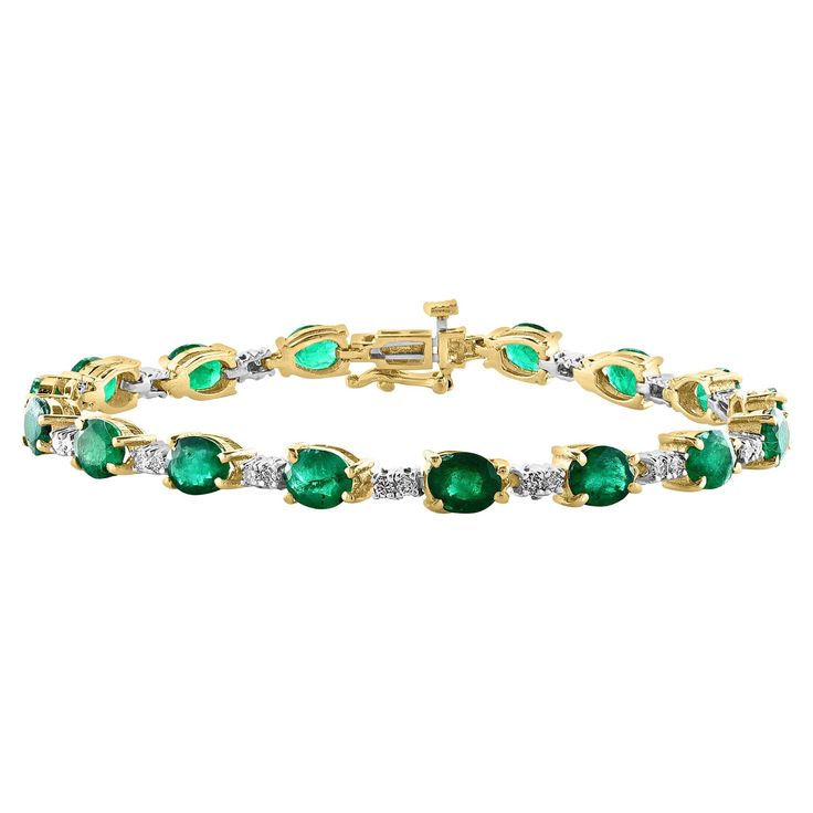 This exceptionally affordable Tennis bracelet has 16 stones of oval Emeralds . Each Emerald is spaced by two diamonds . Total weight of the Emeralds is approximately 8 carat. Total number of diamonds are 30 and diamond weighs is 0.60 ct. The bracelet is expertly crafted with 13 grams of 14 karat Yellow gold . Have a safety clasp . Standard 7 Inch long. Emerald Origin Brazil Amazing quality and color of emerald with lots of luster and Shine Natural Emeralds Measurements of each emerald is 4X6 MM. Bracelet Tennis, Modern Bracelets, Diamond Tennis Bracelet, Tennis Bracelet Diamond, Emerald Stone, Emerald Diamond, Natural Emerald, Tennis Bracelet, Modern Jewelry