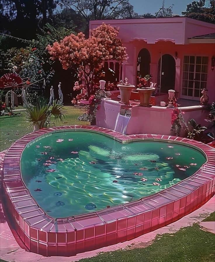 Pretty Backyard Ideas, Whimsical Pool, Heart Pool, 80s Interior, Dream House Rooms, Aesthetic Rooms, Dreamy Room, Cute House, Barbie Dream