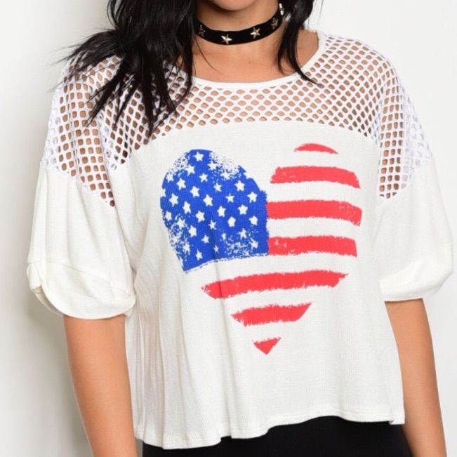 Women's T-Shirt With American Flag. Made In Usa Summer Flag Print T-shirt With Relaxed Fit, Casual Heart Graphic T-shirt For Spring, Casual T-shirt With Heart Graphic For Spring, Trendy Crew Neck Top With Heart Graphic, White T-shirt With American Flag Print For Spring, Summer Tops With Heart Graphic And Crew Neck, Summer Flag Print Short Sleeve Tops, Casual Crew Neck T-shirt With Flag Print, Casual Tops For 4th Of July With Relaxed Fit