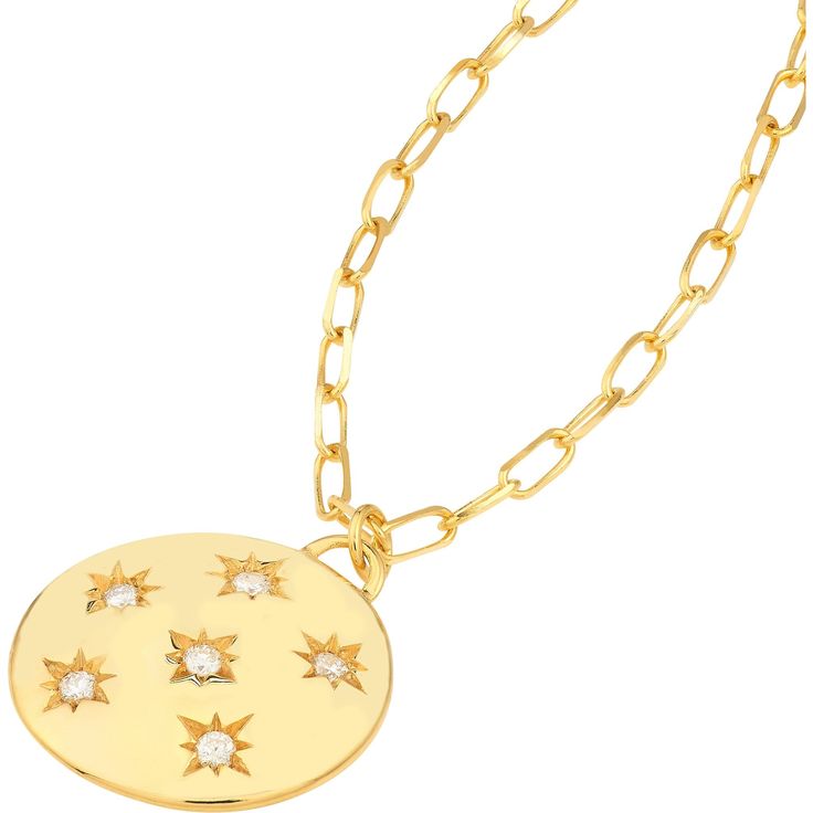 Immerse yourself in the world of opulence with the Diamond Star Cluster Medallion Necklace from Olas d'Oro. This exquisite piece encapsulates the timeless allure of antique craftsmanship, carefully forged in 14K yellow gold. As you drape it around your neck, you'll feel the weight of history and the elegance of a bygone era.At its heart, this medallion necklace boasts a breathtaking star cluster, a constellation of brilliance that's brought to life with 1/10 carat of scintillating diamonds. Each Elegant Gold Necklace With Star Charm, Elegant Gold Star Necklace, Elegant Star-shaped Chain Necklace With Star Charm, Luxury Gold Star Necklace, Elegant Star Charm Pendant Jewelry, Luxury Pearl Pendant Chain Necklace, Elegant Star Of David Hallmarked Necklace, Elegant Gold Chain Necklace With Star Charm, Celestial Style Pearl Pendant Necklaces