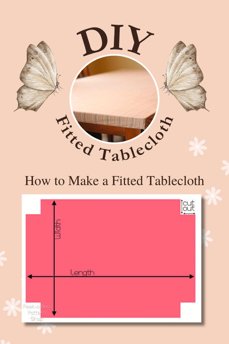 the diy tablecloth is shown in pink and white, with butterflies on it