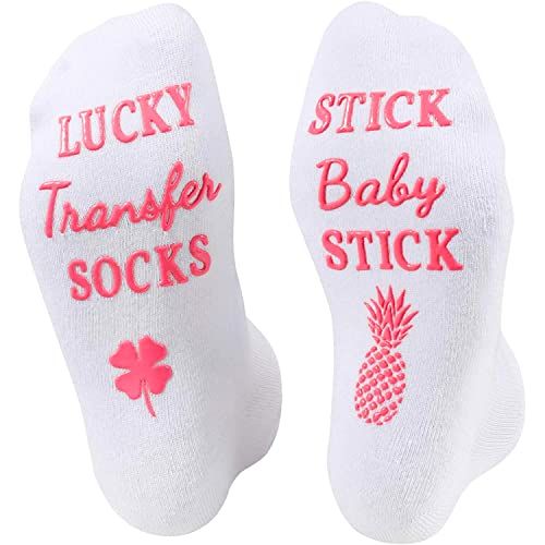 IVF SOCKSHospital socks for labor and delivery. Funny and novelty rubber letters non-slip design: “LUCKY TRANSFER SOCKS, STICK BABY STICK”; Made of luxury cotton, which is soft and moisture wicking, wrapping your feet with excellent comfort. It will show your encouragement and support for her to continue this difficult process.SIZE & PACKINGLabor and delivery socks non skid. One size fits all socks, recommend women shoe size 6 - 11; 1 pair of labor socks comes in each plastic zipper bag.GIFT Cute White Socks With Letter Print, Funny Letter Print Socks Gift, Funny Letter Print Socks As Gift, White Fun Non-slip Socks, Fun White Non-slip Socks, Fun Cotton Socks For Gifts, White Non-slip Fun Socks, Comfortable Non-slip Socks For Gift, Comfortable Non-slip Socks As Gift