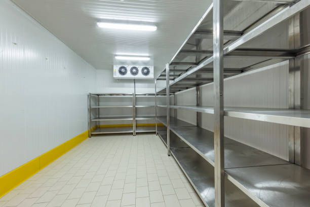 a long row of metal shelves in a room