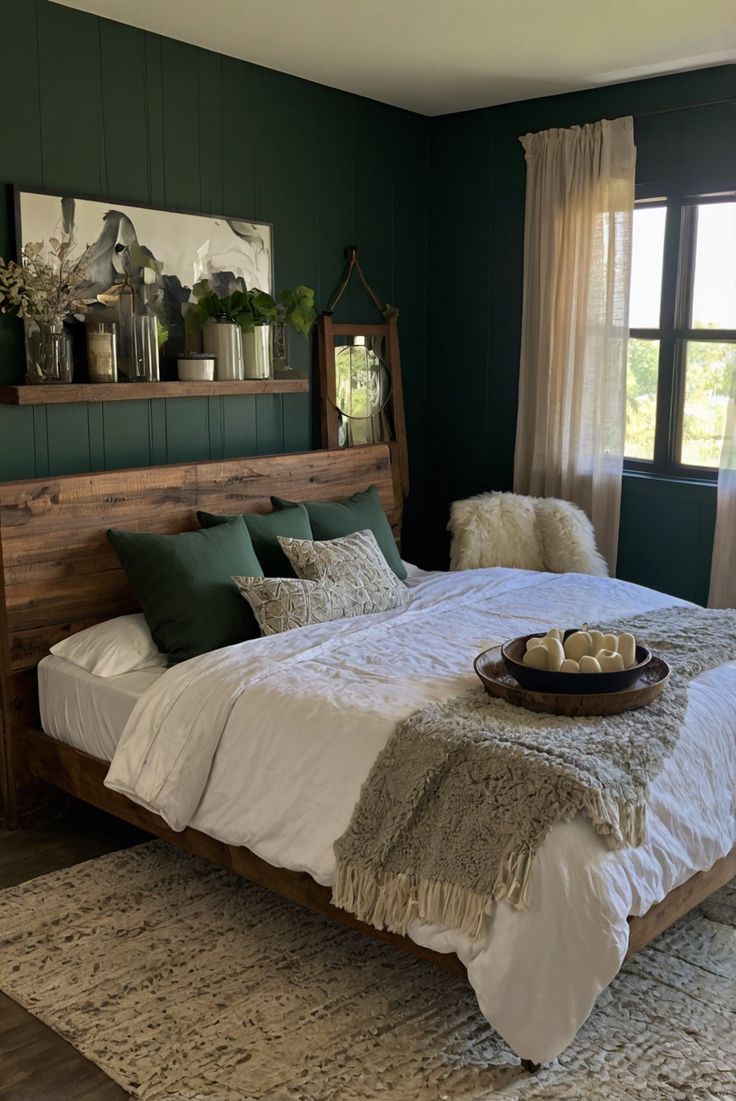 a large bed sitting in a bedroom next to a window