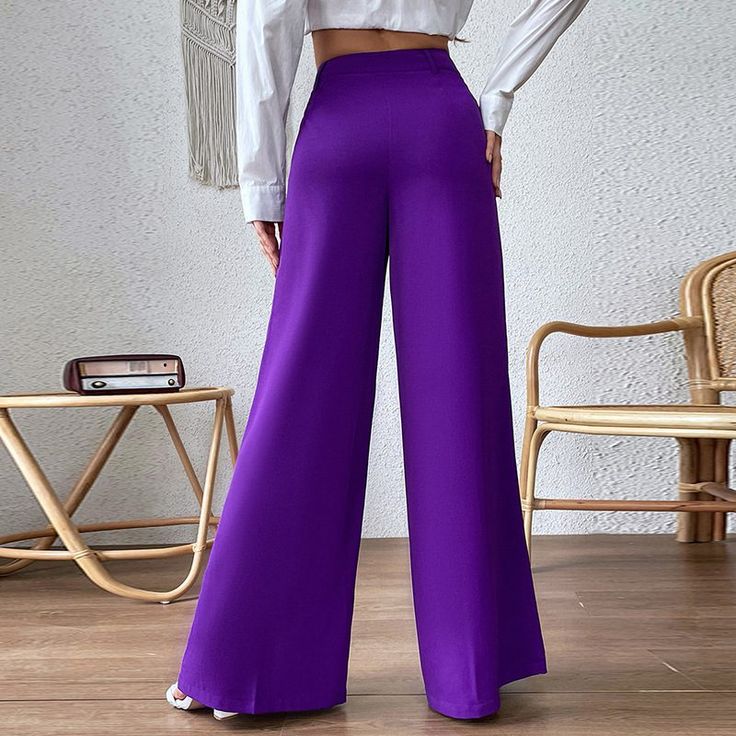 F00230900-204 Fitted Solid Color Trousers, Non-stretch High-waisted Wide Leg Pants, Fitted Straight Pants In Solid Color, Solid Non-stretch High-waisted Wide Leg Pants, Non-stretch Straight Dress Pants, Stretch Full Length Purple Pants, Fall Solid Color Wide Leg Pants, Wide Leg Full Length Pants With Solid Color, Solid Color Wide-leg Pants For Fall