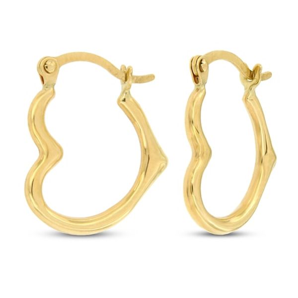 Romantic and sentimental, these earrings feature an open heart design fashioned in 14K yellow gold. The earrings secure with hinged backs. Tarnish Resistant Heart Hoop Earrings For Anniversary, Elegant Huggie Earrings For Valentine's Day, Elegant Heart-shaped Huggie Earrings, Elegant Heart Huggie Earrings For Everyday Wear, Elegant Heart-shaped Yellow Gold Huggie Earrings, 14k Yellow Gold Hinged Earrings, Classic Gold Open Heart Earrings, Elegant Everyday Huggie Earrings For Valentine's Day, Elegant Valentine's Day Huggie Earrings