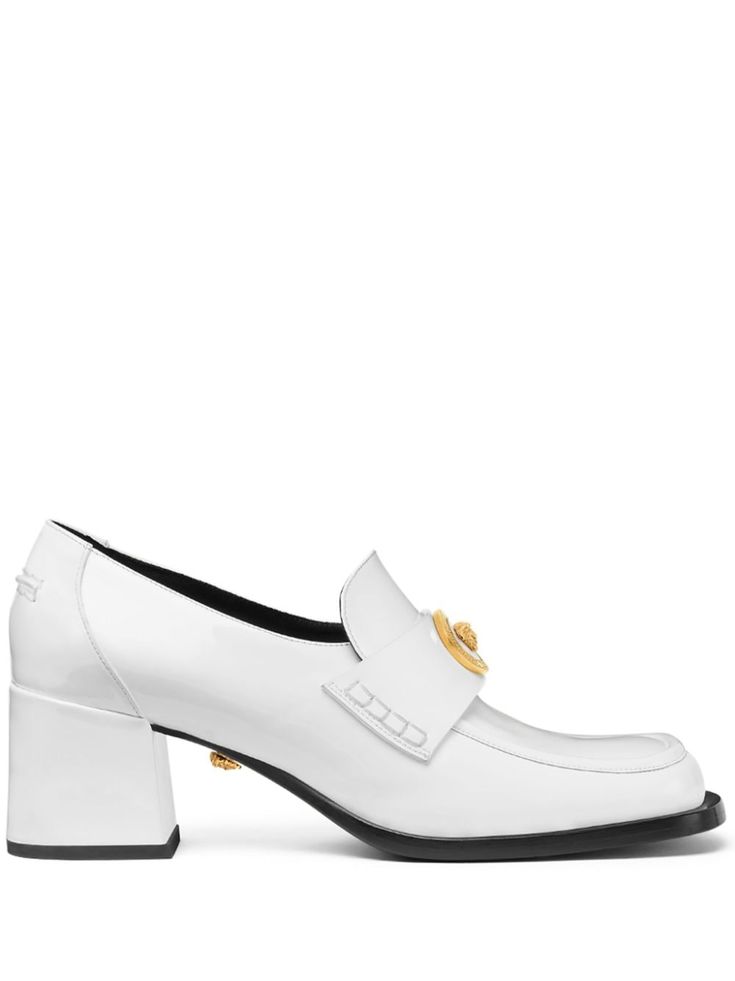 white lambskin/calf leather smooth grain polished finish Medusa plaque detail piped-trim detailing square toe slip-on style branded leather insole mid block heel leather sole Leather Loafers, Loafer Shoes, Calf Leather, Dream Closet, Block Heels, Versace, Grain, Loafers, Slip On