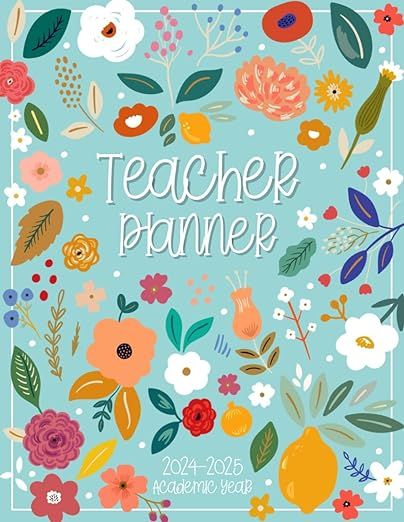 the teacher planner is shown with flowers and leaves on it, including oranges, pinks