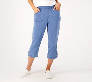 Put a playful pep in your step with these sweet and sassy capri pants, complete with a tulip bottom opening with three flashy and functional rhinestone snaps. From Quacker Factory®. Spring Cotton Capri Pants, Casual Knee-length Bottoms With Buttons, Casual Buttoned Knee-length Bottoms, Cropped Leg Bottoms With Stretch And Pockets, Knee-length Cotton Bottoms With Button Closure, Cotton Knee-length Bottoms With Buttons, Stretch Cropped Leg Bottoms With Pockets, Trendy Stretch Bottoms With Buttons, Casual Cropped Leg Bottoms With Buttons