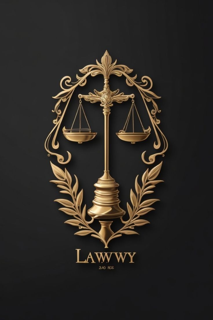 the lawy logo on a black background with gold leaves and an image of scales