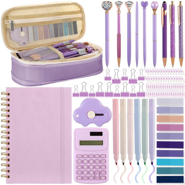 a purple case filled with lots of different types of pens and pencils next to a calculator