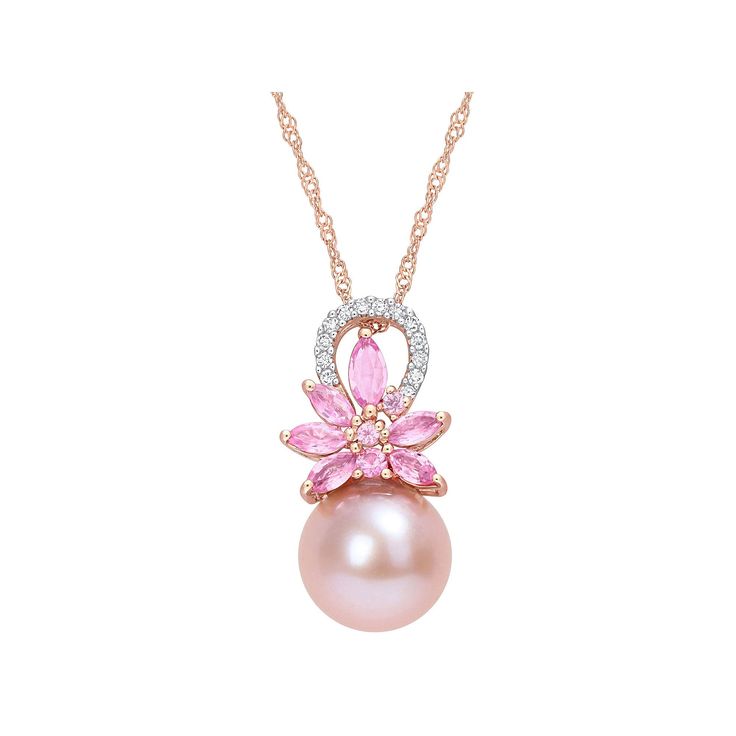 Adorned with a luminous pink-dyed freshwater cultured pearl, white diamond accents and pink sapphires, this Stella Grace 14k rose gold flower necklace is an eye-catching accessory you'll love. Adorned with a luminous pink-dyed freshwater cultured pearl, white diamond accents and pink sapphires, this Stella Grace 14k rose gold flower necklace is an eye-catching accessory you'll love.Click on this JEWELRY & WATCHES GUIDE to learn about fit, styles, materials and more! Clasp: spring-ring Nickel fre Elegant Pink Pearl Necklace With Pendant, Elegant Pink Pearl Gemstone Necklace, Elegant Pink Pearl Necklace For Anniversary, Luxury Pink Necklace With Pearl Pendant, Luxury Pink Pearl Necklace For Wedding, Elegant Pink Akoya Pearl Necklace, Formal Pink Akoya Pearl Necklace, Pink Pearl Pendant Jewelry For Anniversary, Pink Akoya Pearl Wedding Necklaces