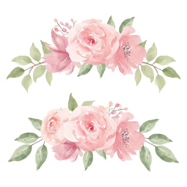 two watercolor roses with green leaves on them, one is pink and the other is white