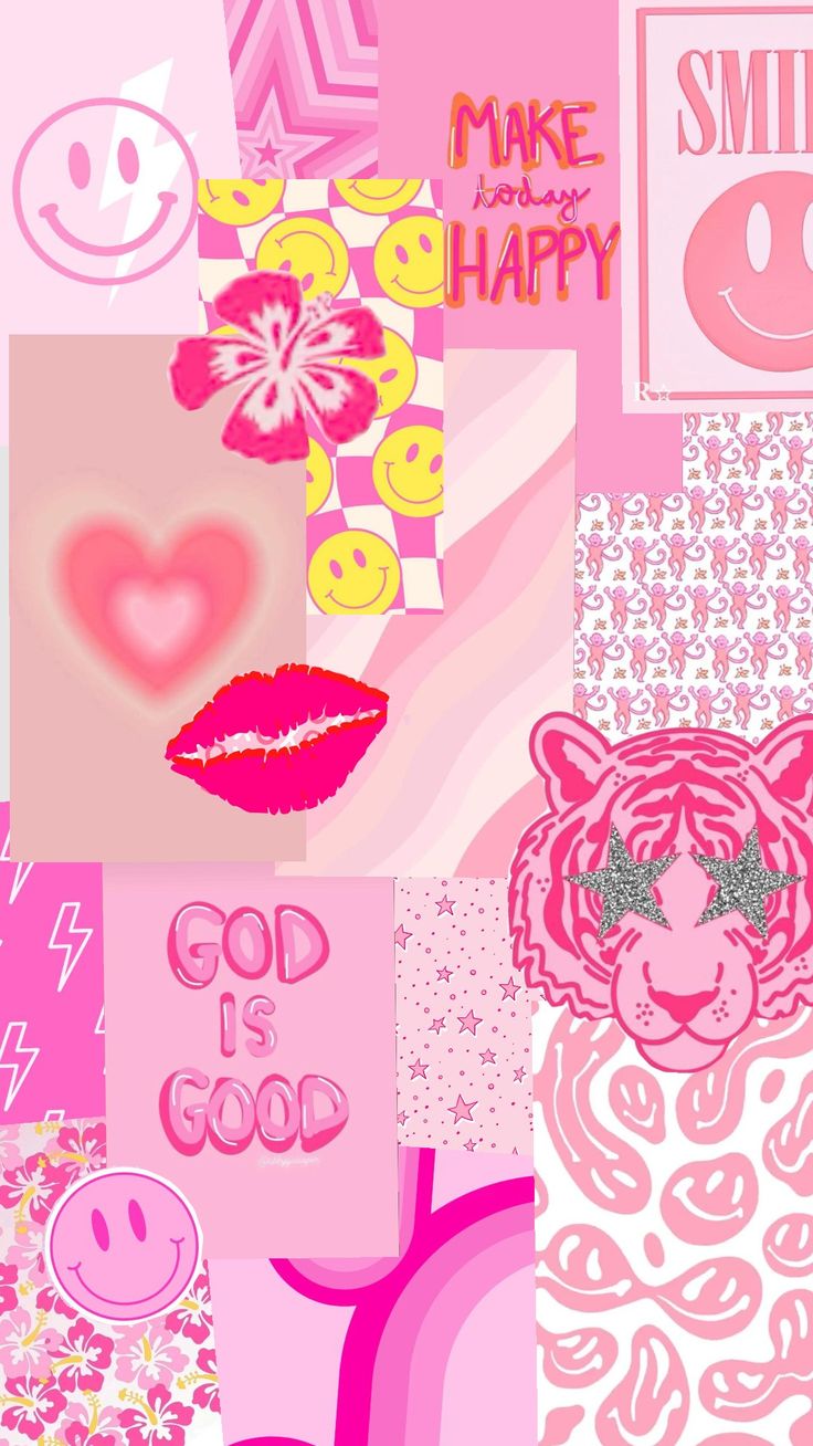 a collage of pink and white images with words, flowers, hearts, and animals