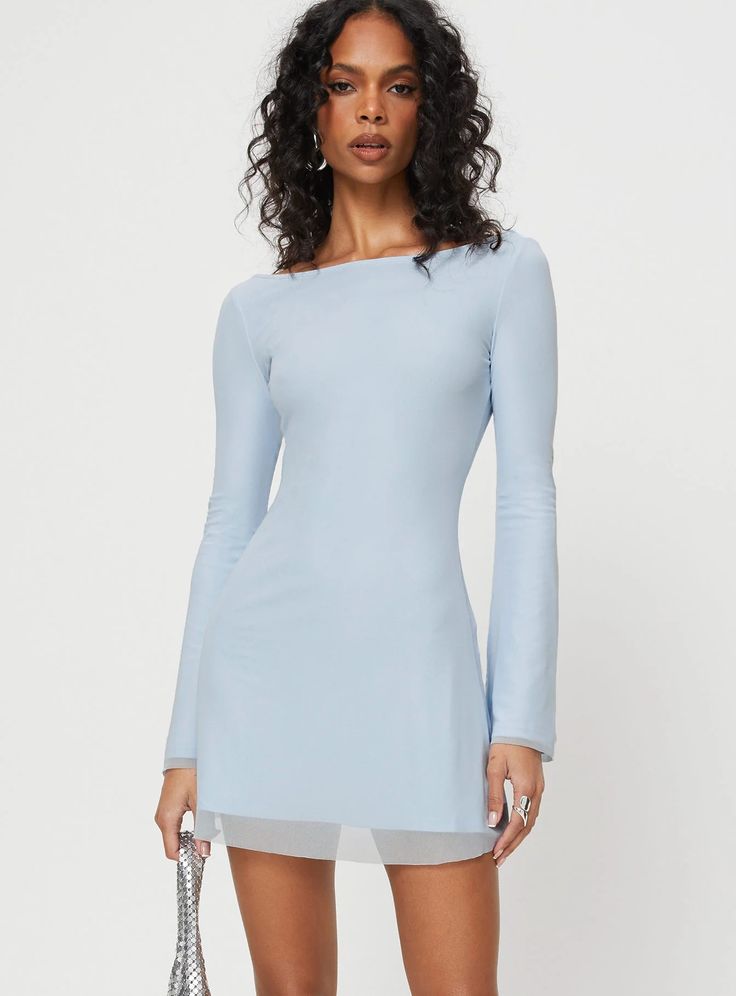 Lukea Long Sleeve Mini Dress Blue Mini Dress Blue, Fleece Dress, Bateau Neck, Mesh Overlay, Outerwear Outfit, Casual Tank Tops, Curve Dresses, White Midi Dress, Long Sleeve Mini