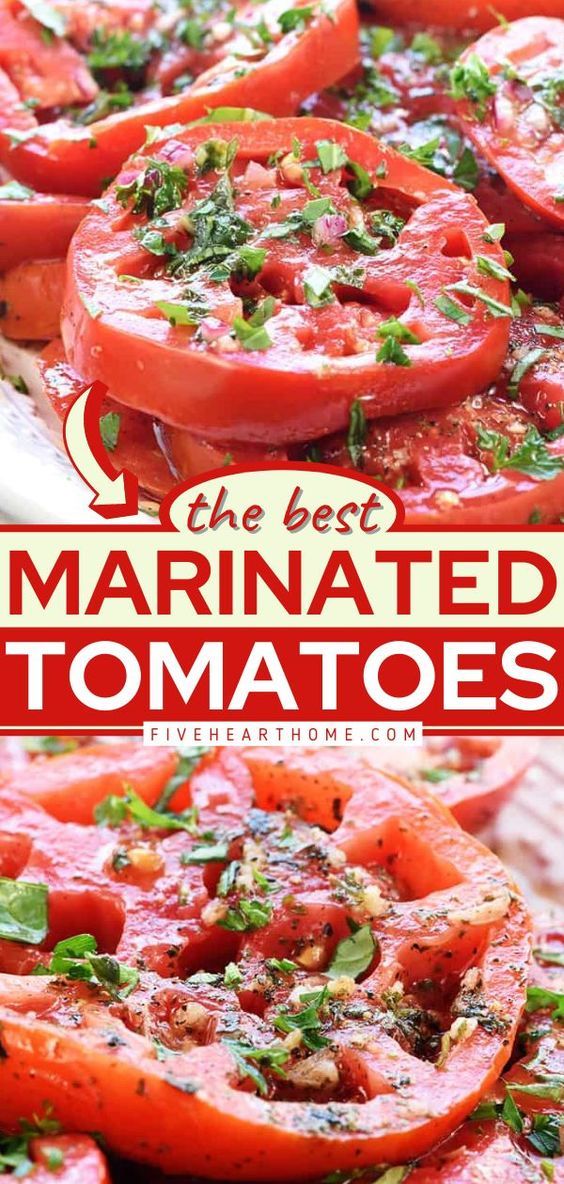 the best marinated tomatoes ever served on a platter with fresh herbs and seasonings