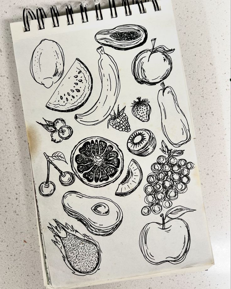 a notebook with drawings of fruits and vegetables on it