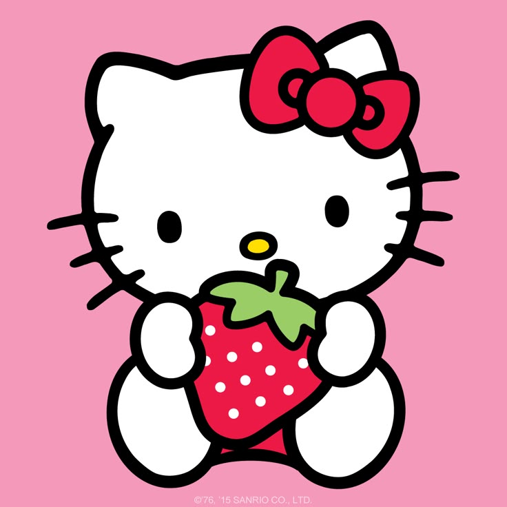 a hello kitty holding a strawberry on a pink background