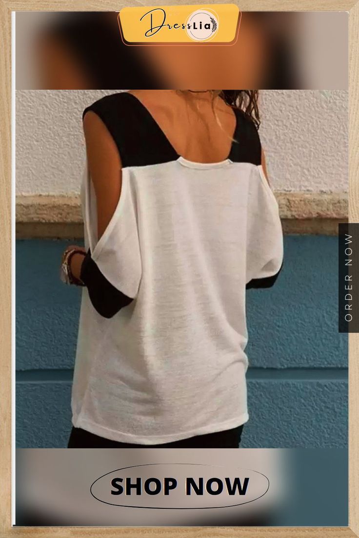 Women Plus Size V-neck Blouse Patchwork Cold Shoulder T-shirt Tops Summer Crew Neck Tops With Contrast Color, Summer Tops With Contrast Color And Crew Neck, Casual Tops With Contrast Color For Summer, White Patchwork Crew Neck Blouse, White Crew Neck Blouse With Patchwork, Long Sleeve Summer Top With Splicing, Summer Long Sleeve Tops With Splicing, Casual V-neck Patchwork Top, Casual White Tops With Splicing