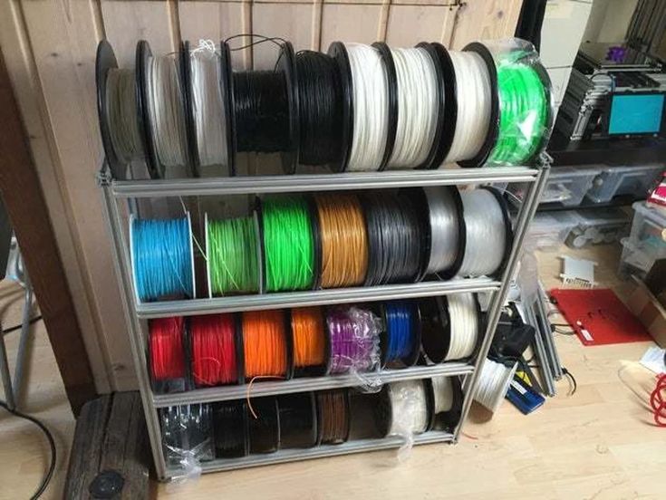 several spools of wire are stacked on a rack