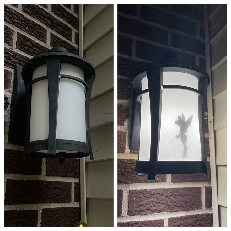 two different views of a light on the side of a brick building, one with a shadow of a bird on it