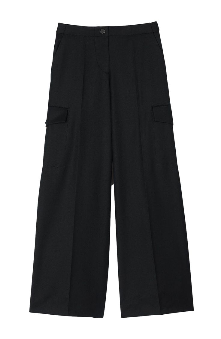 Wide-leg trousers with press-stud waistband, zip fastening and large side pockets. Sandro Women's wide-leg trousers Press stud at waistband Zip fly and press stud Flap pockets on sides Slanting pockets The model is 5'9 tall and wears a size 4 High-waisted Workwear Bottoms With Flap Pockets, High-waisted Pants With Flap Pockets For Work, Black Pants With Flap Pockets For Workwear, Black Workwear Pants With Flap Pockets, Wide-leg Cargo Pants For Work With Hip Pockets, Wide Leg Dress Pants With Side Pockets For Work, Wide Leg Workwear Pants With Flap Pockets, Tailored Wide-leg Pants With Pockets, Wide-leg Cargo Pants With Belt Loops For Workwear