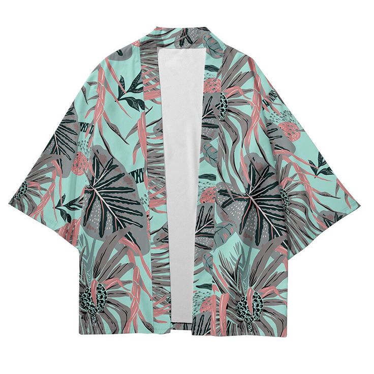 Our Tropical Kimono Shirt, a perfect blend of exotic flair and comfortable style. Embrace the vibrant energy of the tropics with this beautifully designed shirt that is sure to make a statement wherever you go. Crafted with care, our Tropical Kimono Shirt features lightweight and breathable fabric, making it ideal for warm weather and beach destinations. Its loose and flowing silhouette offers both comfort and versatility, allowing you to effortlessly transition from lounging poolside to explori Patterned Printed Hawaiian Shirt For Spring, Blue Hawaiian Shirt With Hibiscus Print For Spring, Spring Patterned Printed Hawaiian Shirt, Spring Blue Hawaiian Shirt With Hibiscus Print, Blue Hibiscus Print Top For Spring, Casual Patterned Top With Plant Print, Spring Blue Hibiscus Print Top, Patterned Hawaiian Tops For Spring, Blue Tropical Shirt For The Beach