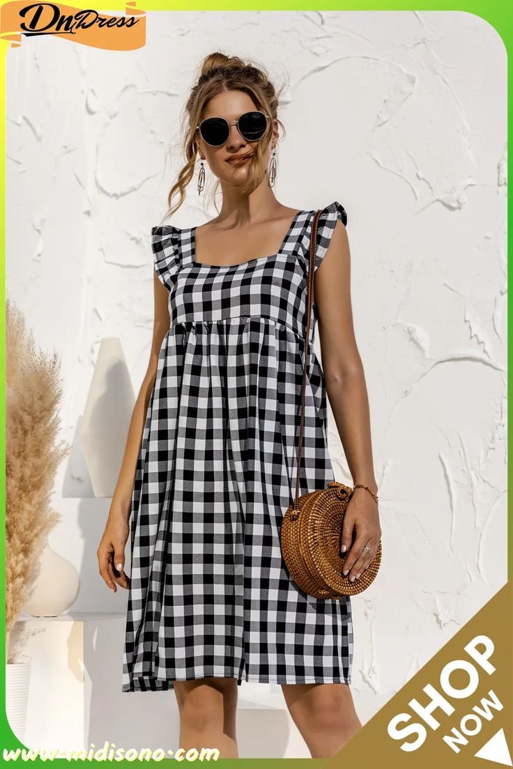 Summer Plaid Print Wide Strap A-line Short Dress Summer Plaid, A Line Shorts, Plaid Print, Wide Straps, Short Dress, Fashion Games, Short Dresses, A Line, Plaid